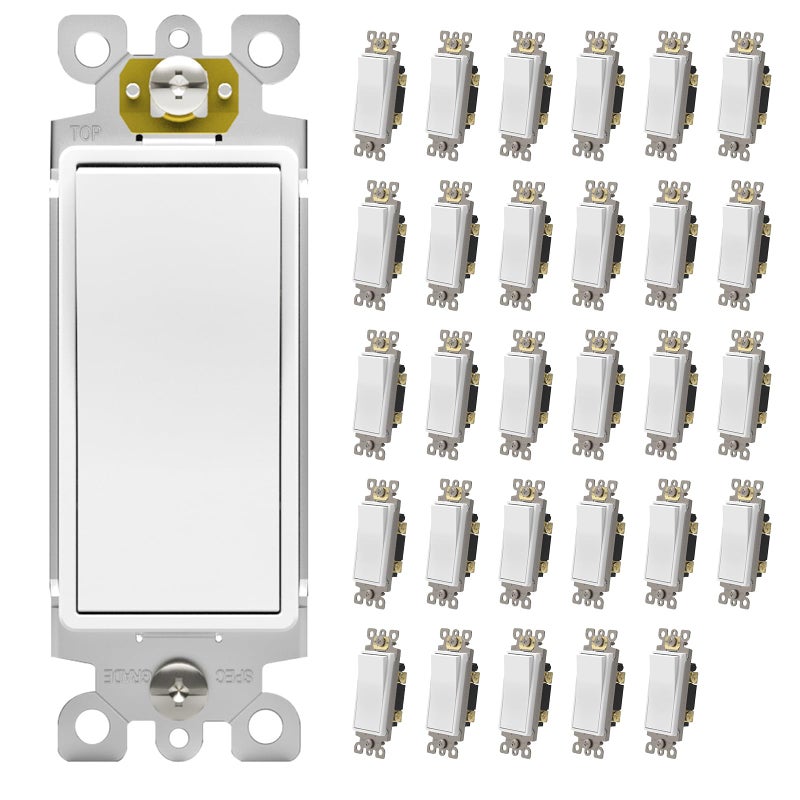 ThunderWay Single Pole Light Switch, Rocker Wall Light Switch, 15A 120/277V, Decorator On/Off Rocker Paddle Interrupter, Ul Listed, White, 30 Pack - Image 1